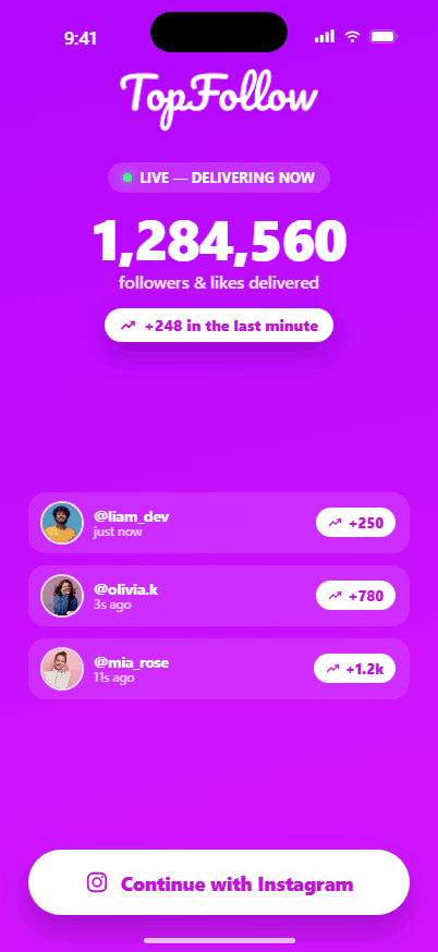 Topfollow followers and likes preview on Android